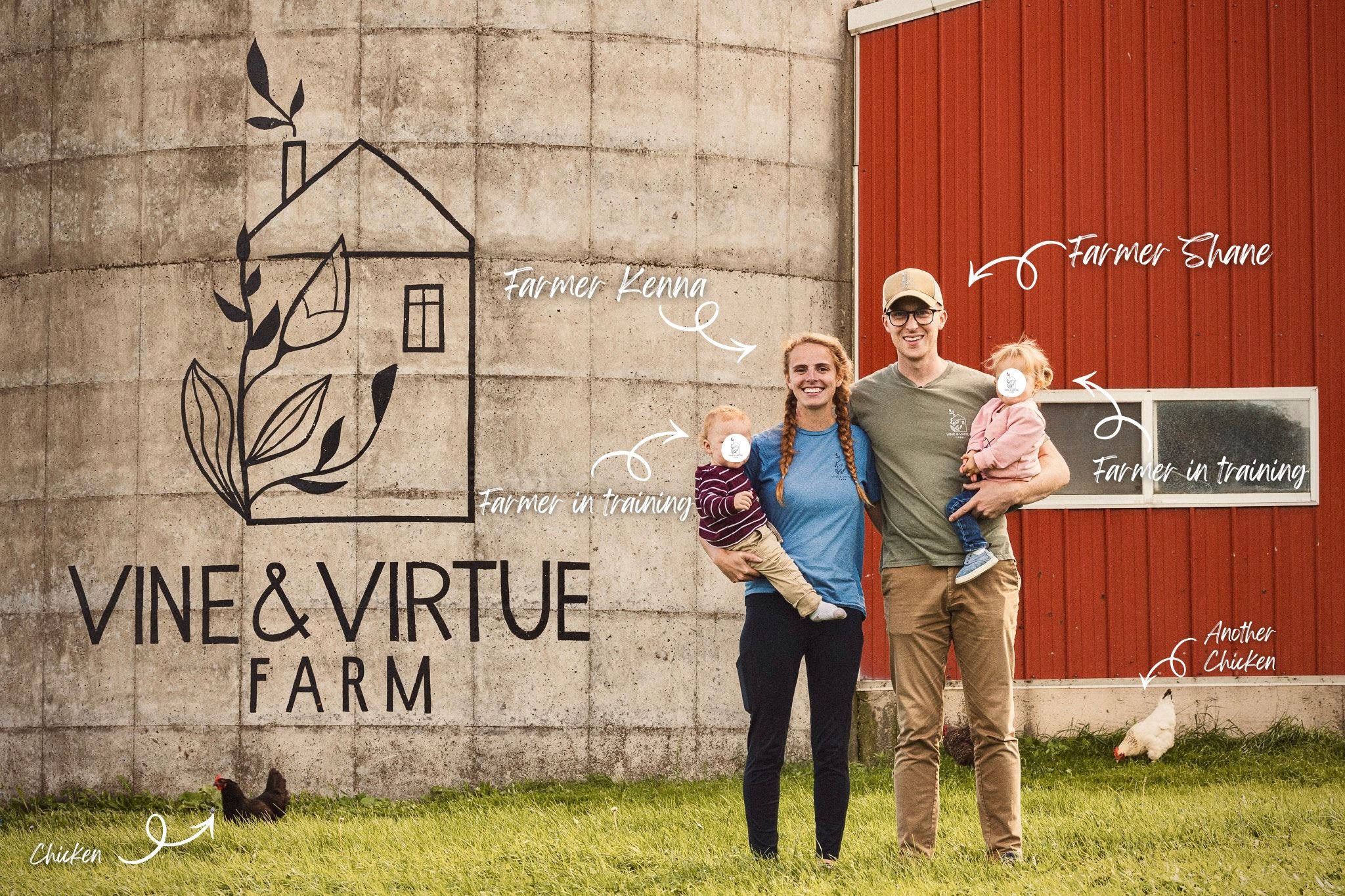 Family standing in front of a barn with 'Vine & Virtue Farm' branding.